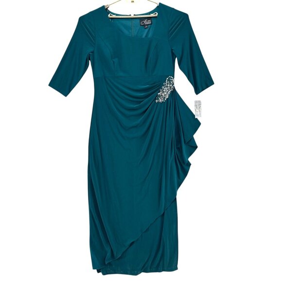 Alex Evenings Cascade Maxi Dress Gown Emerald Green 3/4 Sleeve Formal Slit Sz 16 - Picture 1 of 12